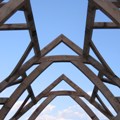 New build oak frame house in construction, Dorset